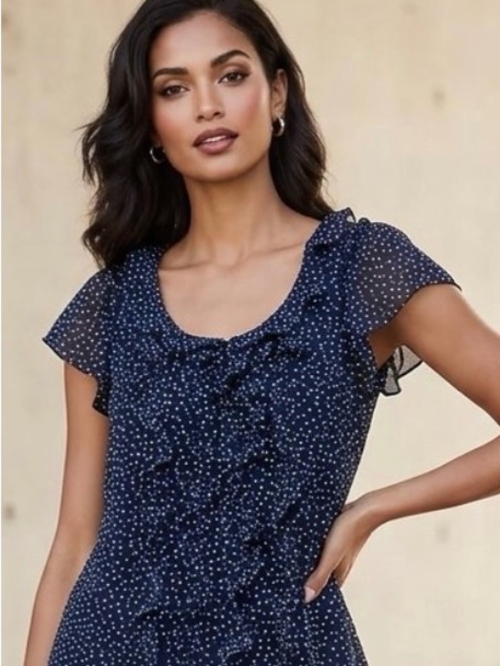 LOFT Navy Polka Dot Ruffle Scoop Neck Blouse